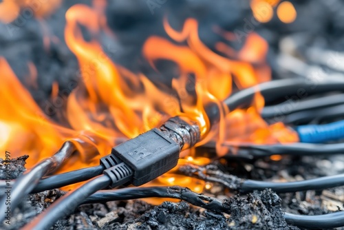 Close-up of electrical cables catching fire, showing flames, melted wires, and the danger of overheating or short circuits.