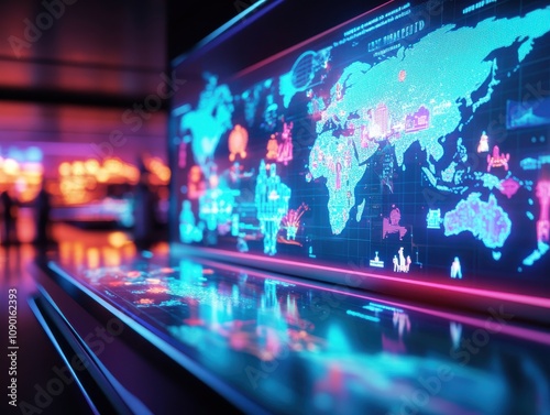 Futuristic map with colorful data visualization and glowing details.