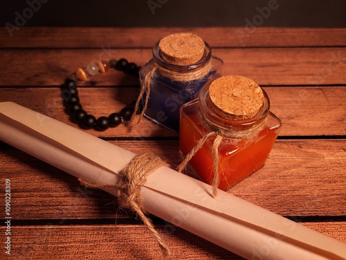 Health and mana potions on a wooden table, as decoration for a medieval fantasy atmosphere