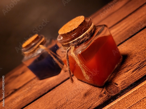 Health and mana potions on a wooden table, as decoration for a medieval fantasy atmosphere