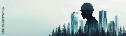 Worker silhouette with superimposed skyscrapers and forest, symbol of urbanization balanced with nature, eco-friendly construction, and green architecture