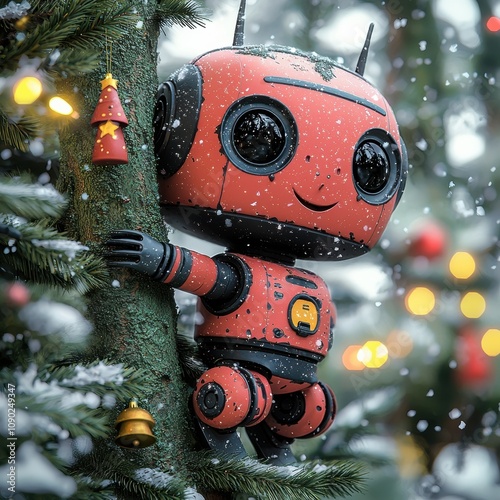 Christmas Robot: Festive Fun. A charming, rusty-red robot embraces a snow-dusted Christmas tree, surrounded by twinkling lights and festive ornaments.