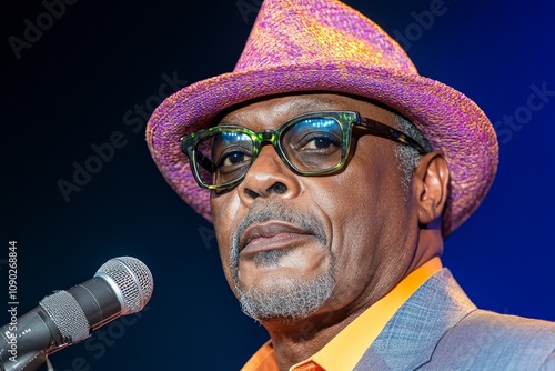 A thoughtful portrait of an African American poet reciting verses on a small stage, lit with soft warm lighting