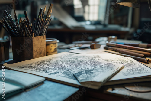 Close up of a graphic novelists desk