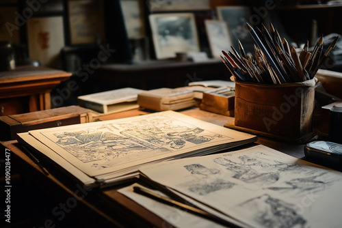 Close up of a graphic novelists desk