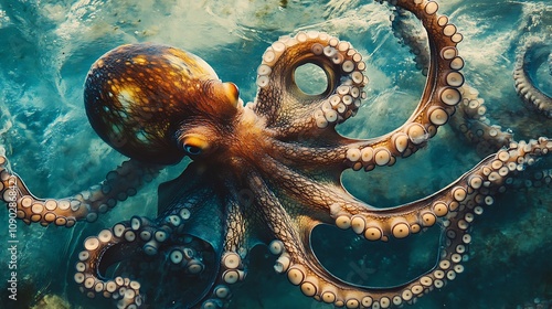 An Octopus Swims Through the Depths of the Ocean AI Generated