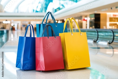  Bolsas de compras en colores azul, rojo y amarillo, colocadas en un centro comercial moderno y luminoso. 