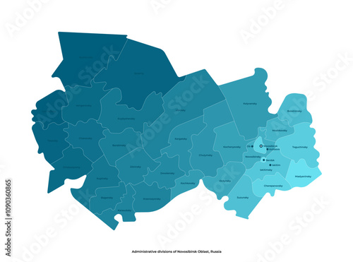 Vector modern isolated illustration with author vision. Simplified administrative map of Novosibirsk Oblast, Russia. Names of capital, urban okrug and districts in English language