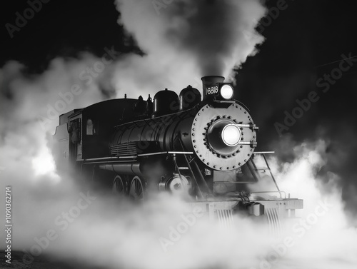 A powerful steam train emerges dramatically from thick mist, its glowing headlight piercing the darkness like a beacon of history.