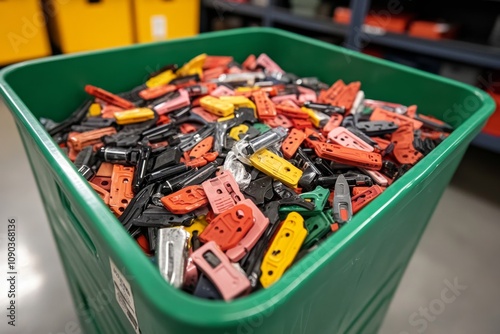 Airport security confiscation bin filled with prohibited items like scissors, lighters, and liquids