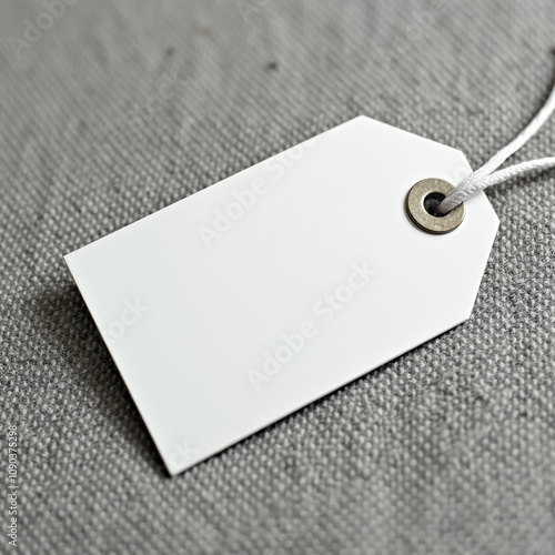 A white price tag with a hanging string