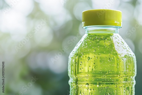 Closeup of sports drink bottle with droplets, bright background, refreshing feel, high detail