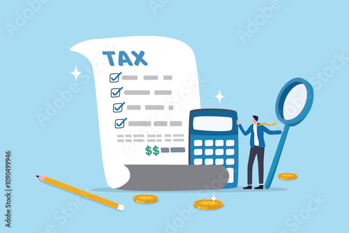 Tax planning, financial strategy for tax optimization, reduction or refund, income or revenue management, taxation or calculation concept, businessman with magnifying glass analyze tax plan document.