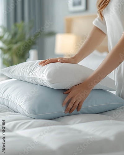 a woman straightens the pillows lying on a bed, preparing a well-made bed.