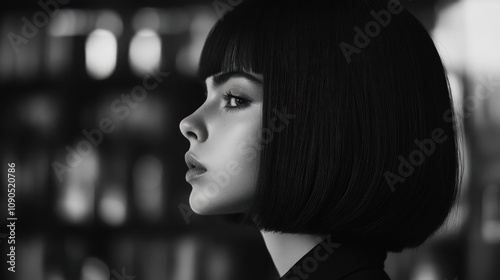 Elegant profile portrait of a model showcasing a sleek blunt long bob hairstyle set against a blurred, artistic backdrop.