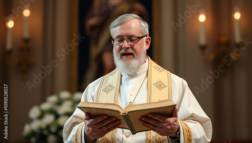 portrait of priest reciting the gospel