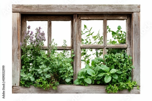 Wooden window frame filled with herbs.