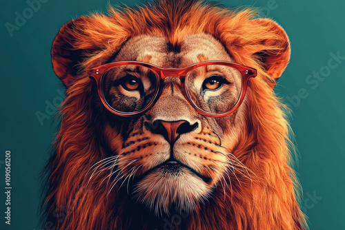 a lion with a red mane, wearing stylish red glasses. The lion looks peaceful, and his facial expression conveys seriousness and wisdom. 