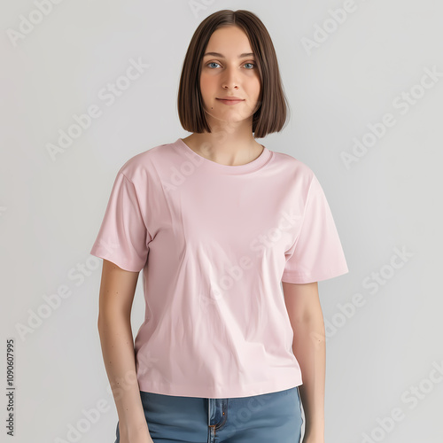 A young Caucasian woman with a bob hairstyle stands confidently in a light pink t-shirt and casual jeans, set against a neutral backdrop.