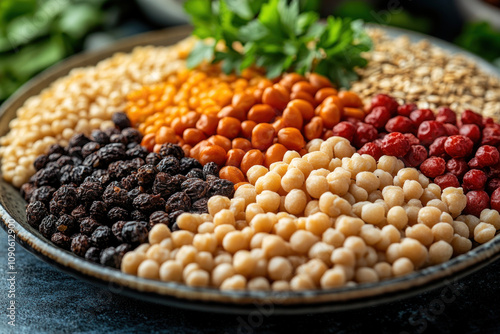 plate filled with various types of dried fruits, legumes and grains. The plate contains raisins, chickpeas, red beans, various cereals and grains. 