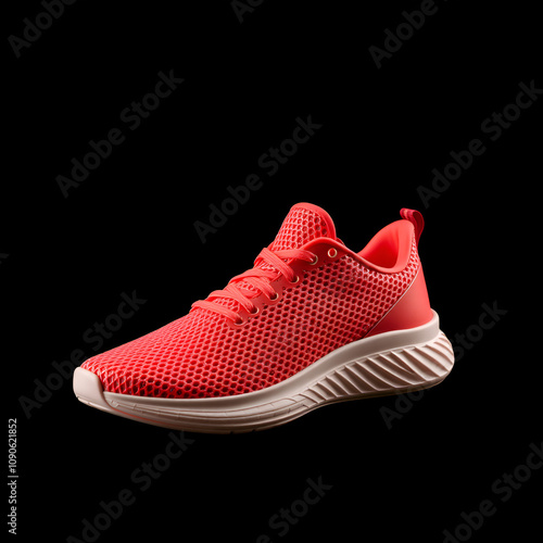 3d printed red lightweight custom sports shoe manufactured with flexible thermoplastics and advanced techniques isolated on black background.