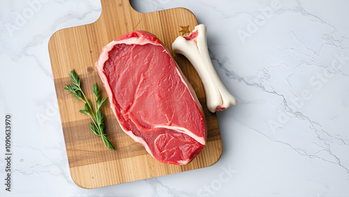 A piece of raw meat with a bone on wooden board and marble background. Shortages of beef, pork and chicken meat due to the pandemic of coronavirus COVID-19 in some countries. Copy space for you text