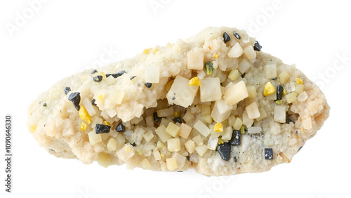 Close up image of a raw nepheline with titanite and feldspar minerals isolated on a white background from Khibiny Kola Peninsula