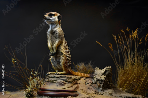 A fascinating meerkat stands upright on a rocky surface, surrounded by dry grass, showcasing its alert demeanor and distinctive markings.