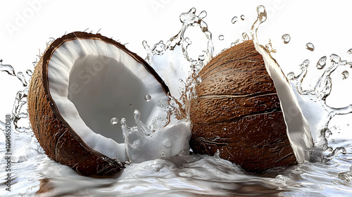 3D Render of Two Halved Coconuts Splashing into Water with a Large Splash Creating a Dramatic Tropical Scene