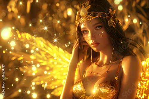 A stunning young woman of ambiguous ethnicity adorned in golden attire, surrounded by a magical golden glow.