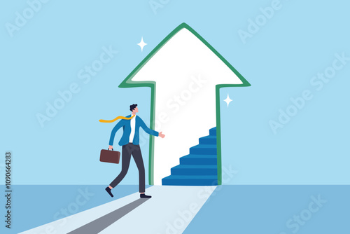 Stairway to new opportunity, success path or open door to career chance, leadership improvement, progress or solving problem concept, businessman open arrow up door to walk up stair to success.