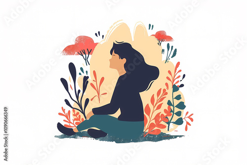 A serene illustration of a young woman of undetermined ethnicity, sitting amidst colorful plants, lost in thought, conveying calmness and tranquility.