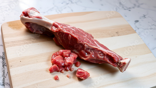 A piece of raw meat with a bone on wooden board and marble background. Shortages of beef, pork and chicken meat due to the pandemic of coronavirus COVID-19 in some countries. Copy space for you text