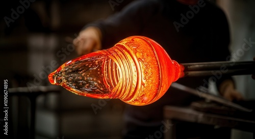 Glowing molten glass in traditional glassblowing workshop