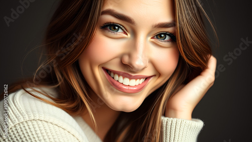 Studio close-up shot of a positive flirtatious young European woman with dark eyes, smiling happily, blinking at the camera in a playful manner, flirting with you.