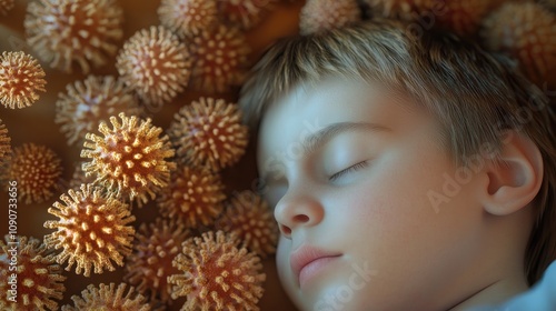 Child sleeping peacefully surrounded by artistic representations of syncytial virus, illustrating the impact of respiratory tract infections in children.