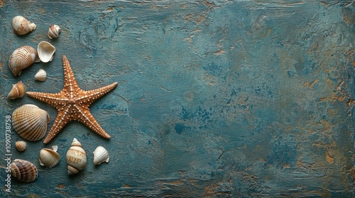 Sea star and assorted shells elegantly displayed on a textured blue wooden background, with ample space for additional text on the right side.