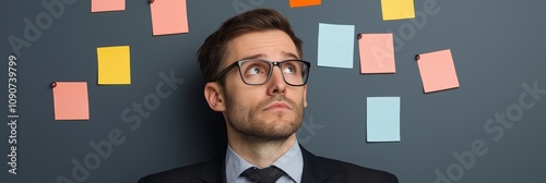 A man in glasses is looking at a wall covered in colorful sticky notes. The notes are scattered all over the wall, and the man is trying to make sense of them. Concept of confusion and disorganization