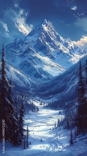 Breathtaking winter landscape featuring a majestic snowy mountain surrounded by tall pine trees under a bright blue sky.