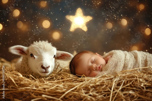 little newborn baby in a manger of straw with a little lamb laying next to him