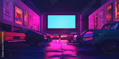 An outdoor cinema screen is positioned in front of the drive-in of an American drive-in