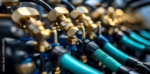 Detailed view of a compressed air system connected to industrial pneumatic tools. The setup demonstrates precision and technology within a manufacturing environment.