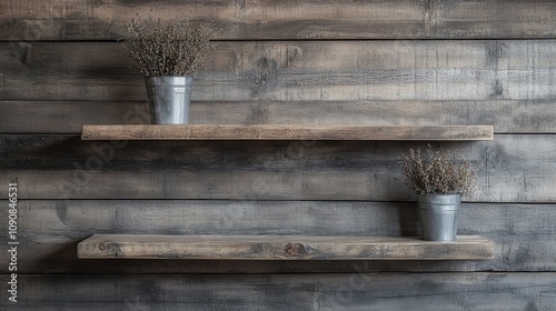 Rustic Wooden Shelves with Dried Flowers and Metal Buckets