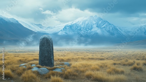 Ancient stone marker on the Peruvian Andean plateau: Expansive grasslands, distant snow-capped mountains, and soft morning mist in cool blue and gray tones. Premium indigenous landscape mockup.