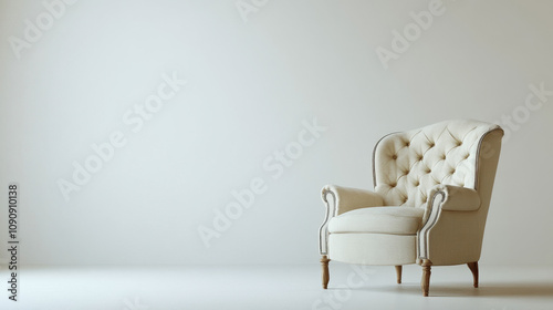 Elegant white upholstered armchair in minimalist space, exuding classic charm and sophistication with tufted design.