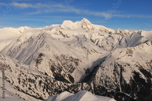 Panoramic mountain view of the Grossglockner Snow mountain range in East Tyrol from the Adler Lounge above Matrei