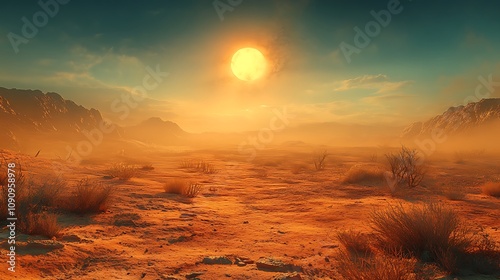 A vast, barren desert landscape with a mirage effect under a blazing sun and sparse vegetation 