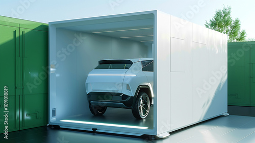 A white electric vehicle passes through a sleek, efficient battery exchange station, featuring a simple design, set against green walls and bright daylight.