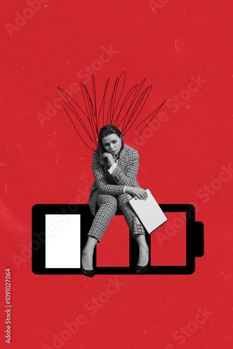 Trend composite sketch template 3D photo collage of young woman sit battery apathy depressed hold clipboard document fatigue tired