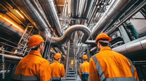 Workers in safety gear observe industrial piping in a facility.